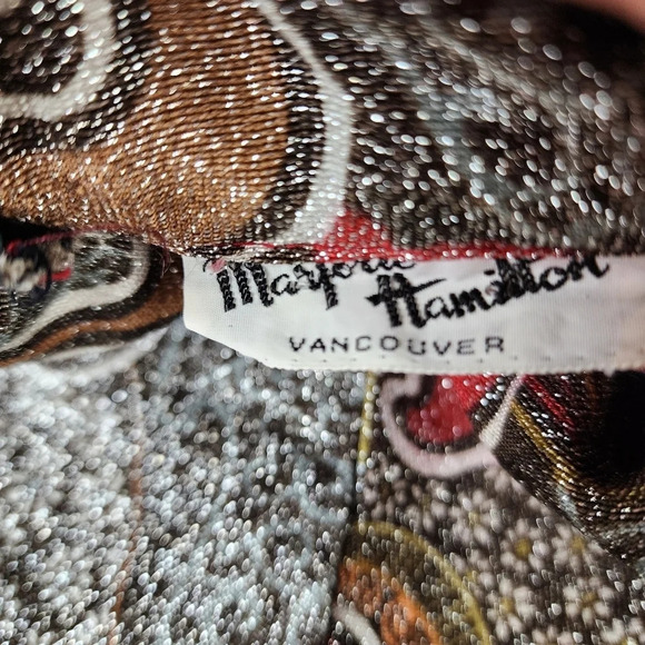 Vintage 1970s Mod Button Front Blouse Swirly Pattern Shimmer Black Brown No Size - Picture 2 of 15